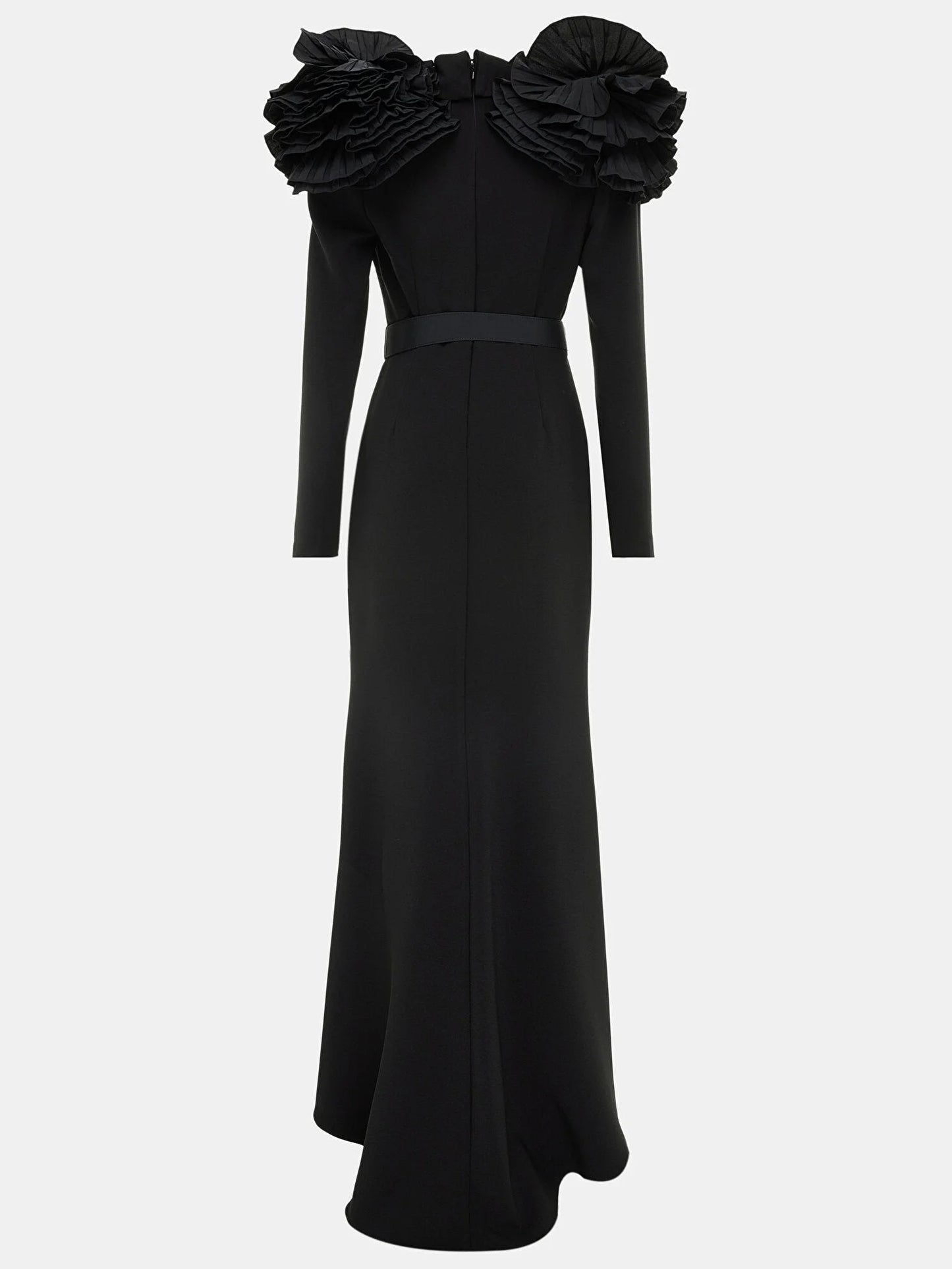 Belted Black Ruffled Shoulder Crepe Buttoned Gown - Dresses