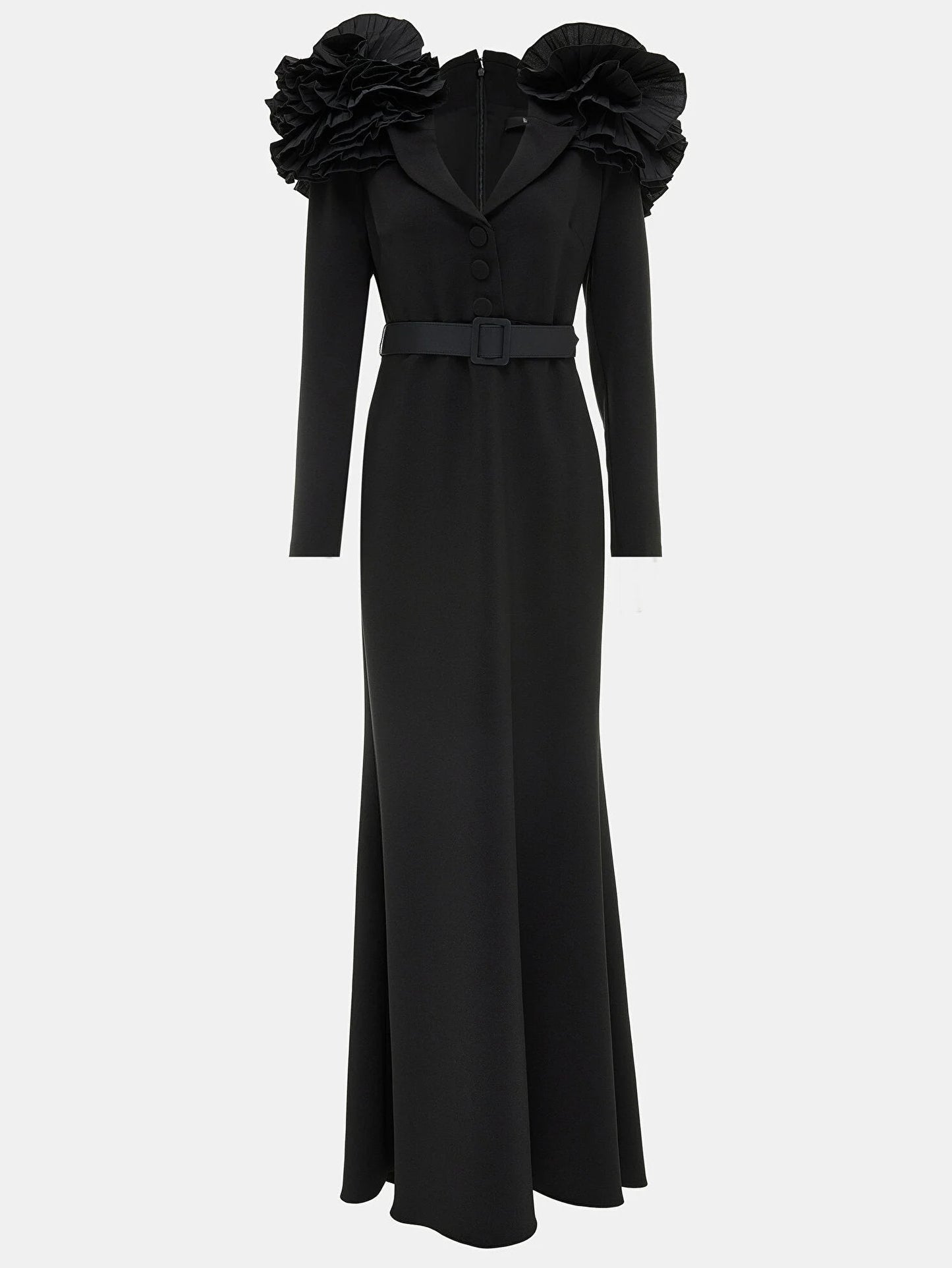 Belted Black Ruffled Shoulder Crepe Buttoned Gown - Dresses