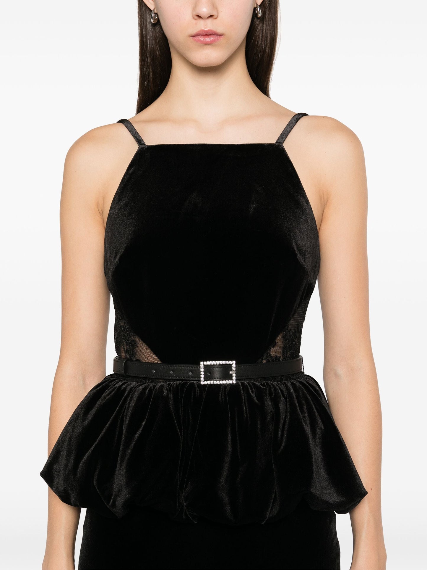 Belted Black Velvet Peplum Dress with Side-Lace Detailing for elegant occasions