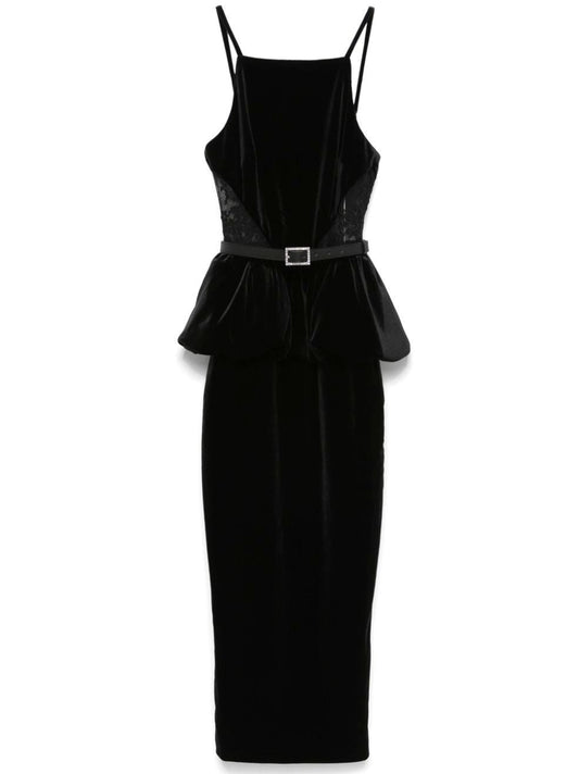 Belted Black Velvet Peplum Dress with elegant side-lace detailing for a chic look