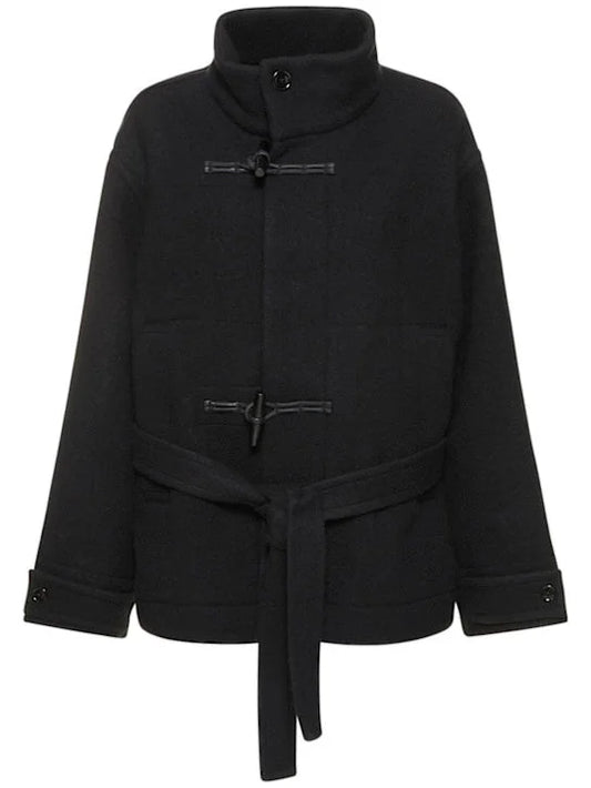 Belted Black Wool Duffle Jacket - Jackets