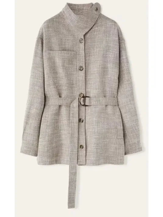 Belted Button-Down Linen-Blend Jacket with Side-Fastening Flap - Jackets