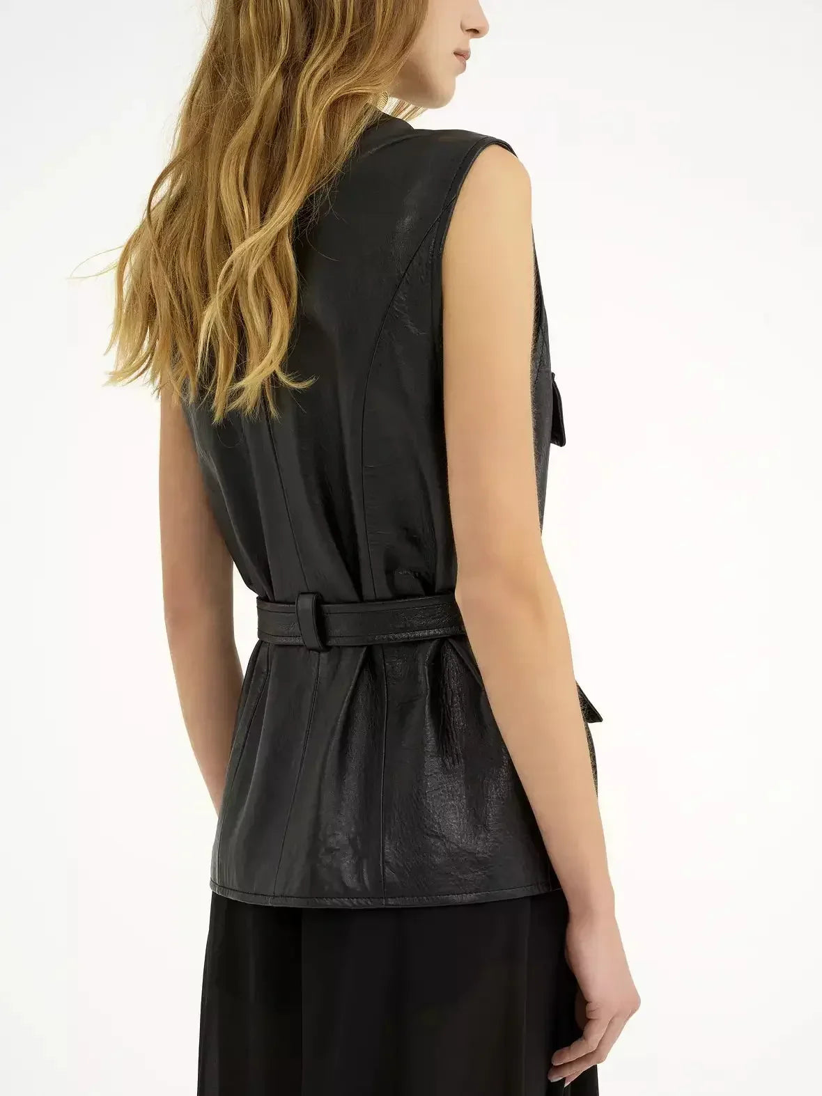 Belted Cargo Pocket Leather Black Vest - Jackets