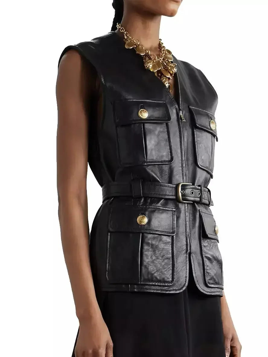 Belted Cargo Pocket Leather Black Vest - Jackets