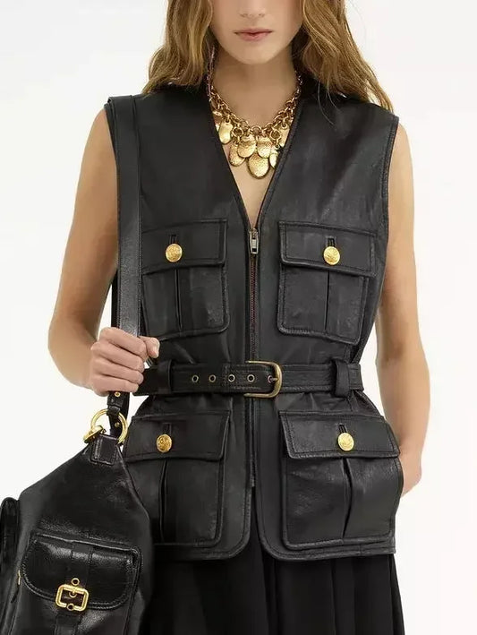 Belted Cargo Pocket Leather Black Vest - Jackets
