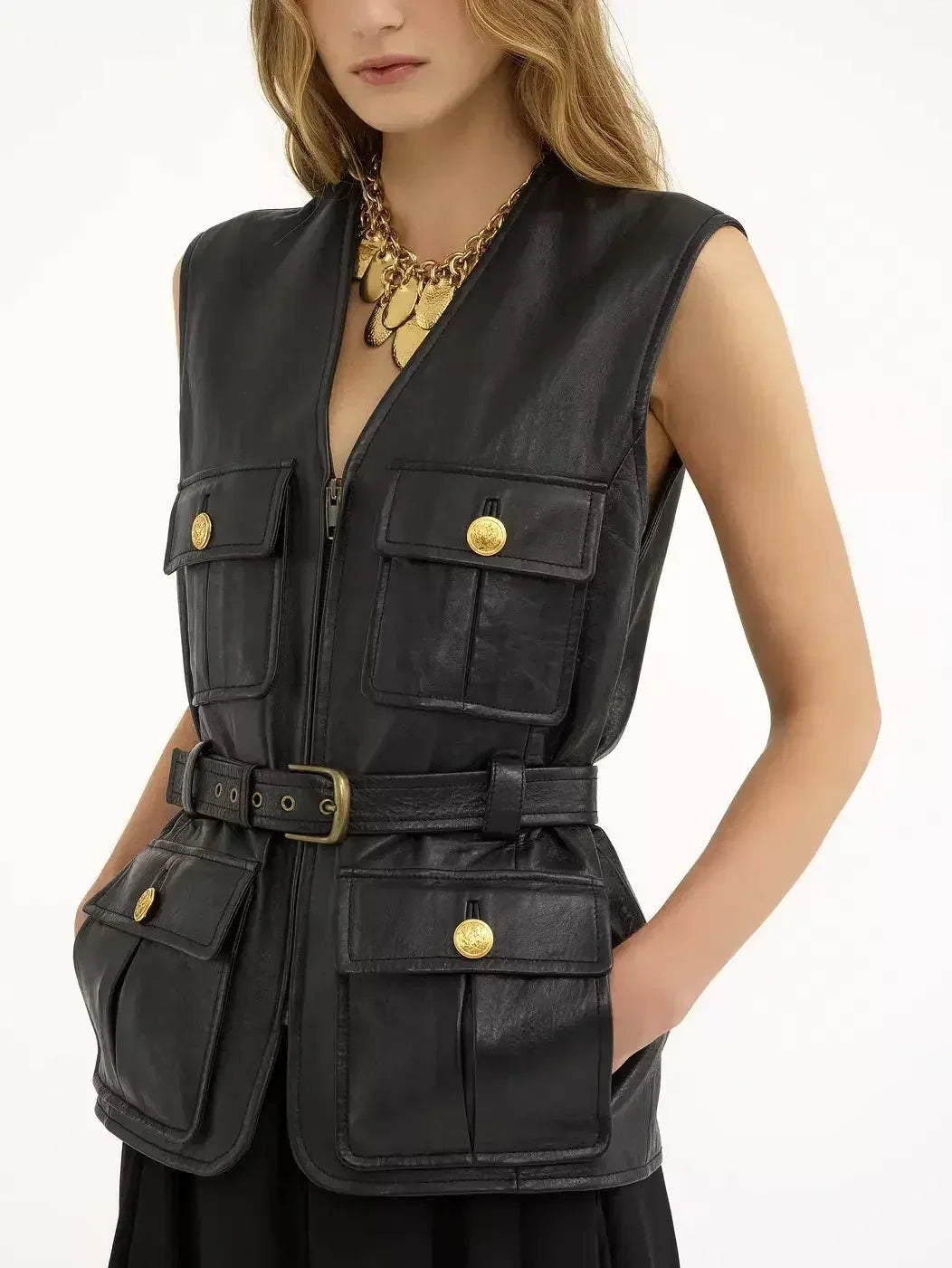 Belted Cargo Pocket Leather Black Vest - Jackets