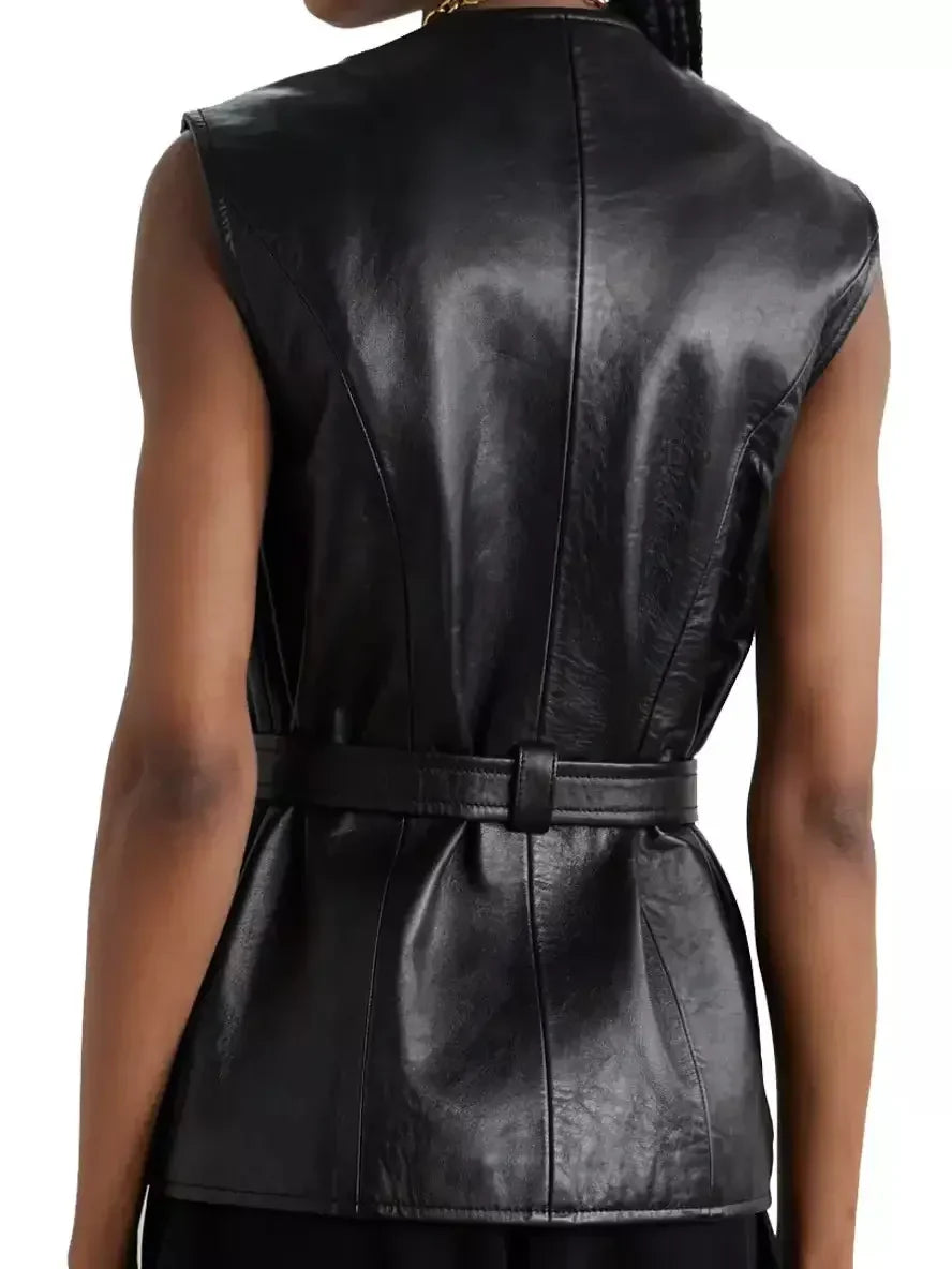 Belted Cargo Pocket Leather Black Vest - Jackets