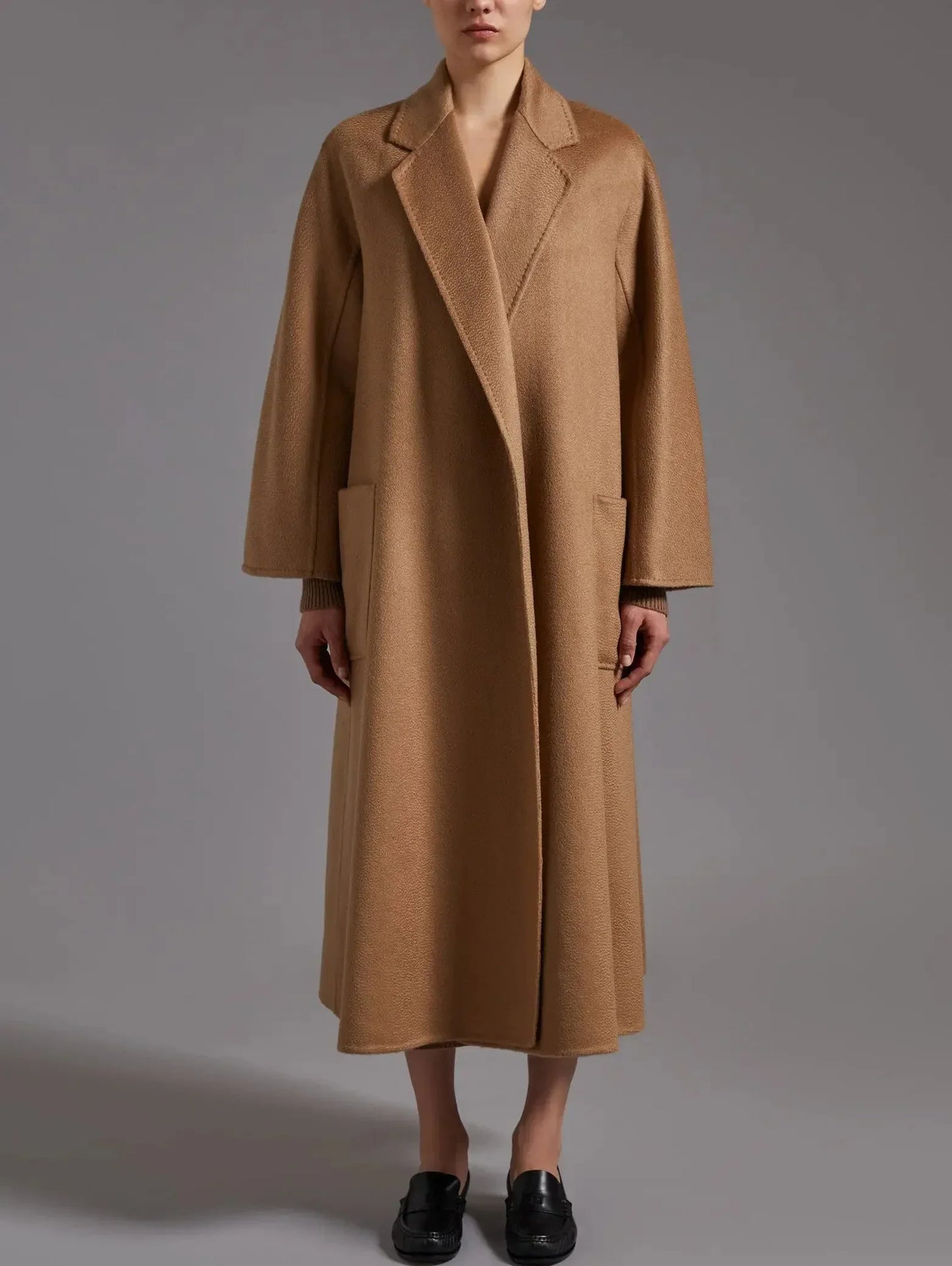 Belted Cashmere and Wool Coat in Camel Brown - Coats