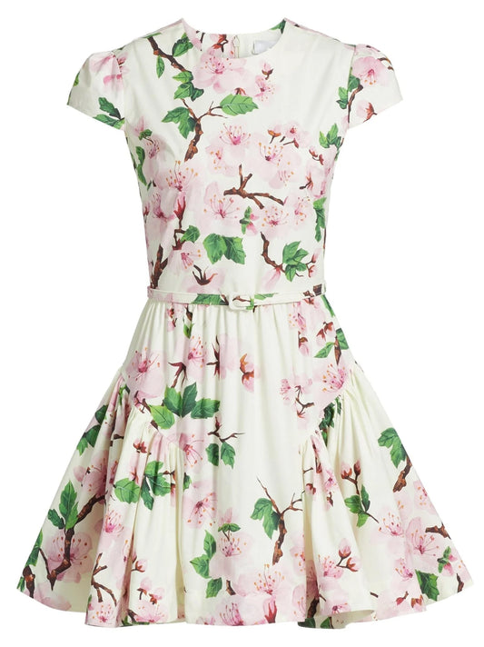Belted Cherry Blossom Floral Printed Mini Dress - Dresses