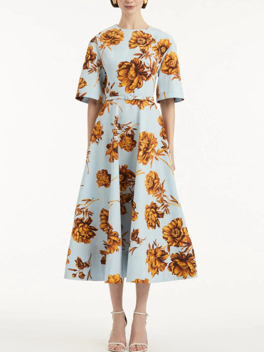 Belted Contrast Floral Printed A-Line Midi Dress - Dresses