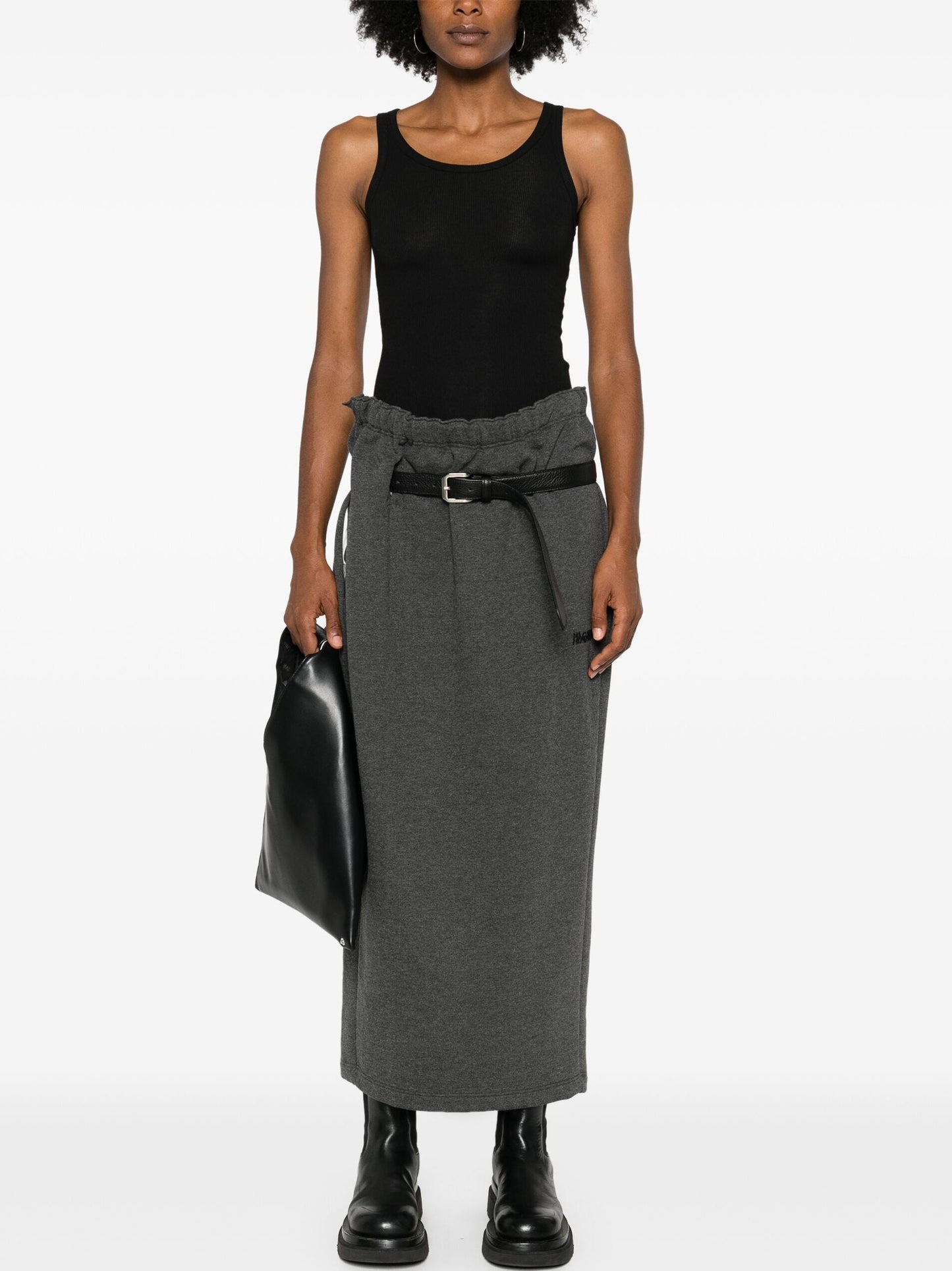 Gray Belted Cotton Jersey Skirt with Elasticated Waistband, styled with chunky black boots