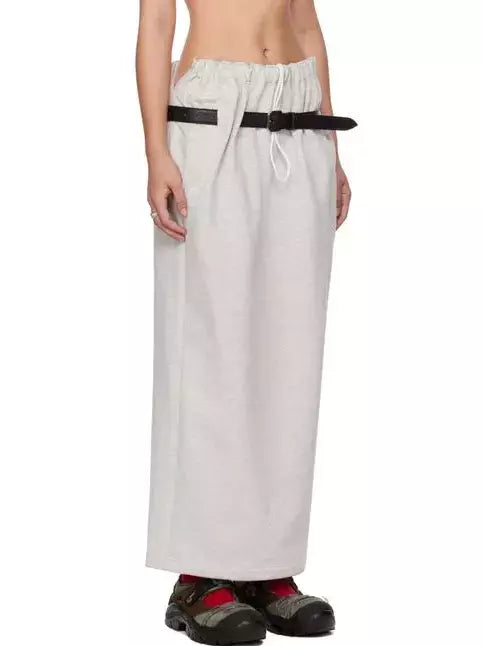 Belted Cotton Jersey Skirt with Elasticated Waistband in Light Grey with black belt
