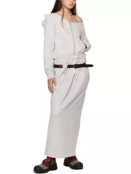 Belted Cotton Jersey Skirt with Elasticated Waistband in Light Grey and Black Belt