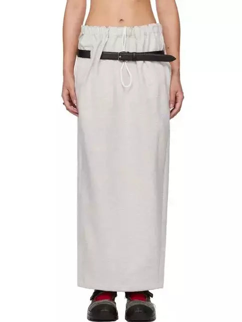 Long light gray belted cotton jersey skirt with black belt and elasticated waistband