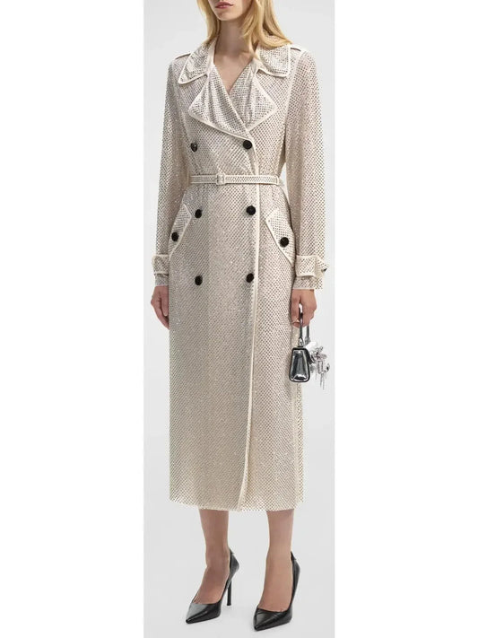 Belted Crystal Embellished Trench Coat - Coats