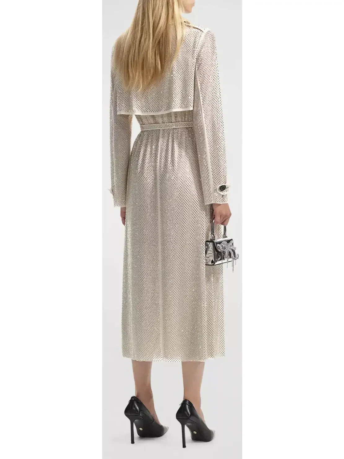 Belted Crystal Embellished Trench Coat - Coats