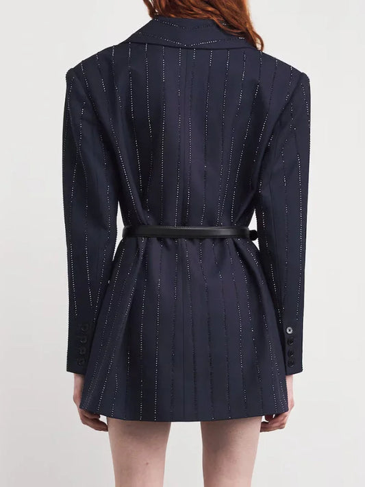 Belted Crystal Stripe Blazer in Navy - Jackets