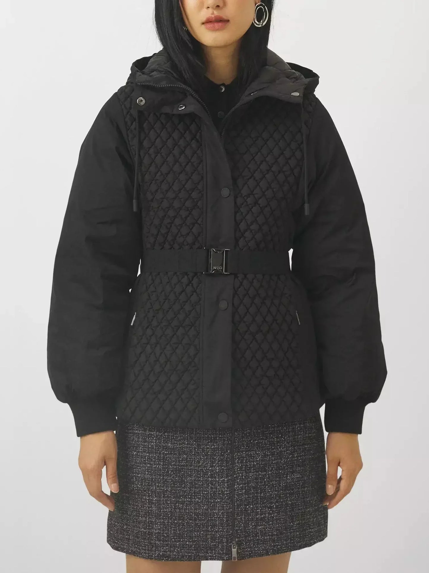 Belted Diamond-Quilted Hooded Balloon-Sleeve Jacket - Jackets
