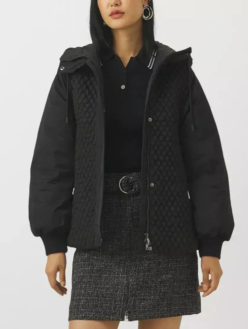 Belted Diamond-Quilted Hooded Balloon-Sleeve Jacket - Jackets