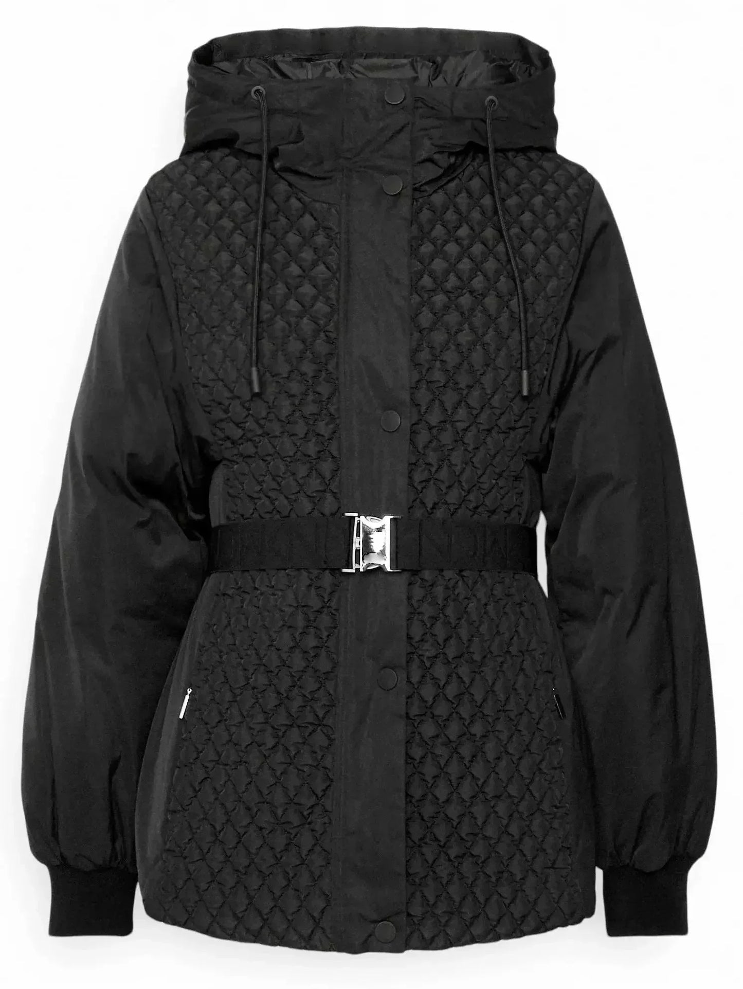 Belted Diamond-Quilted Hooded Balloon-Sleeve Jacket - Jackets