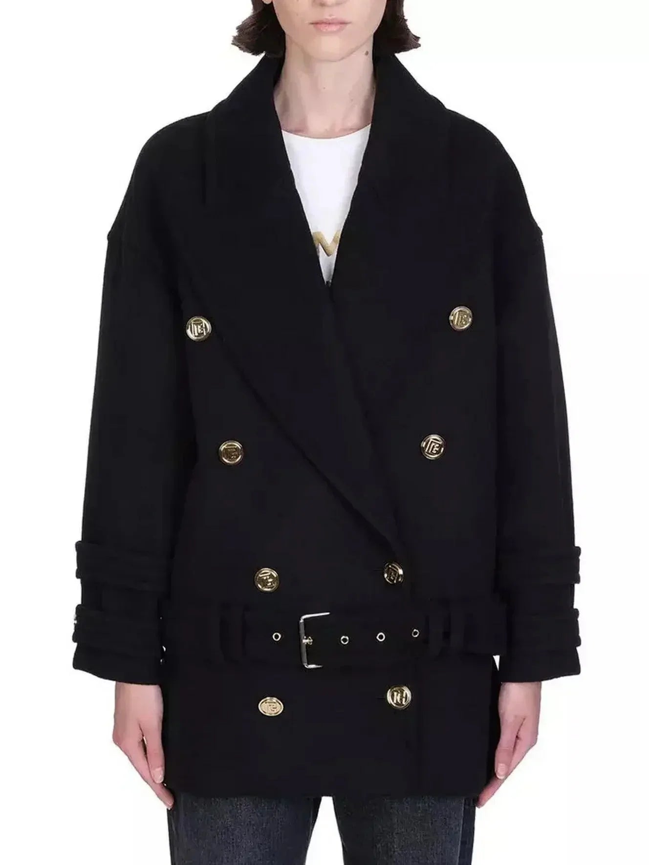 Belted Double-Breasted Cashmere Short Coat - Coats