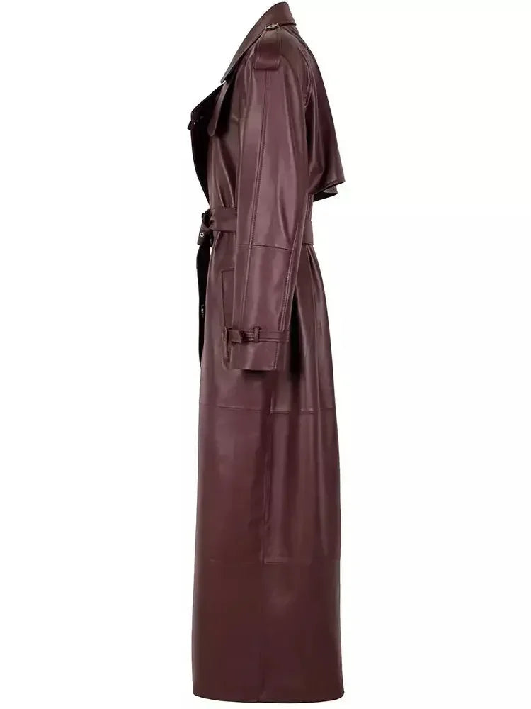 Belted Double-Breasted Long Lambskin Leather Coat - Coats
