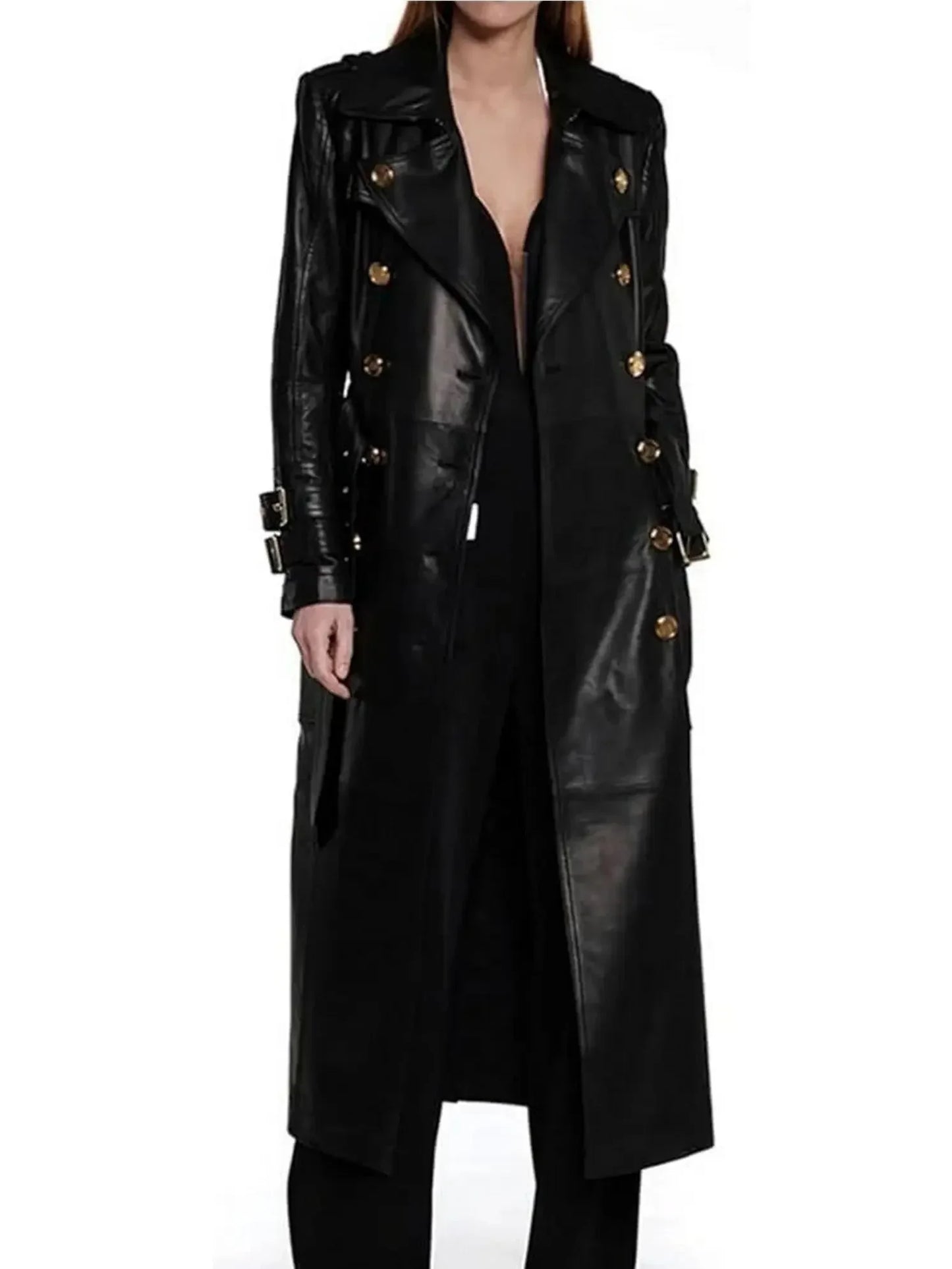 Belted Double-Breasted Long Leather Trench Coat - Coats