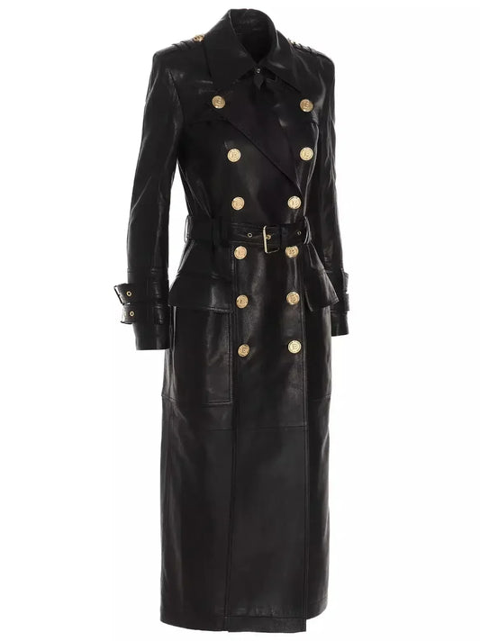 Belted Double-Breasted Long Leather Trench Coat - Coats