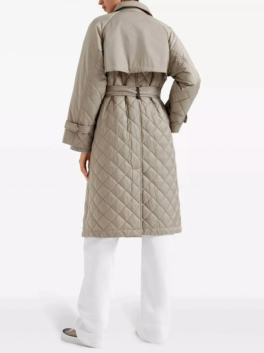 Belted Double-Breasted Quilted Trench Coat in Beige - Coats