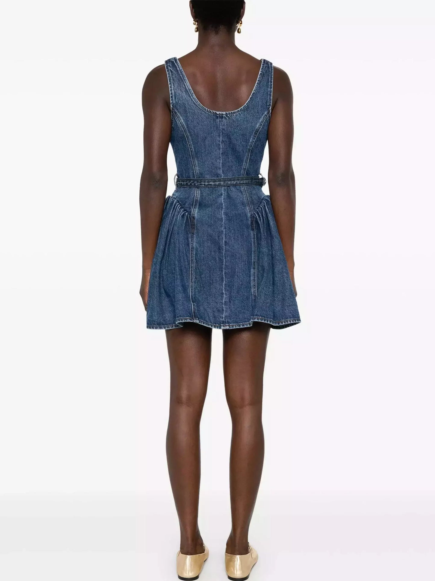 Belted Flared Denim Mini Dress - Dresses
