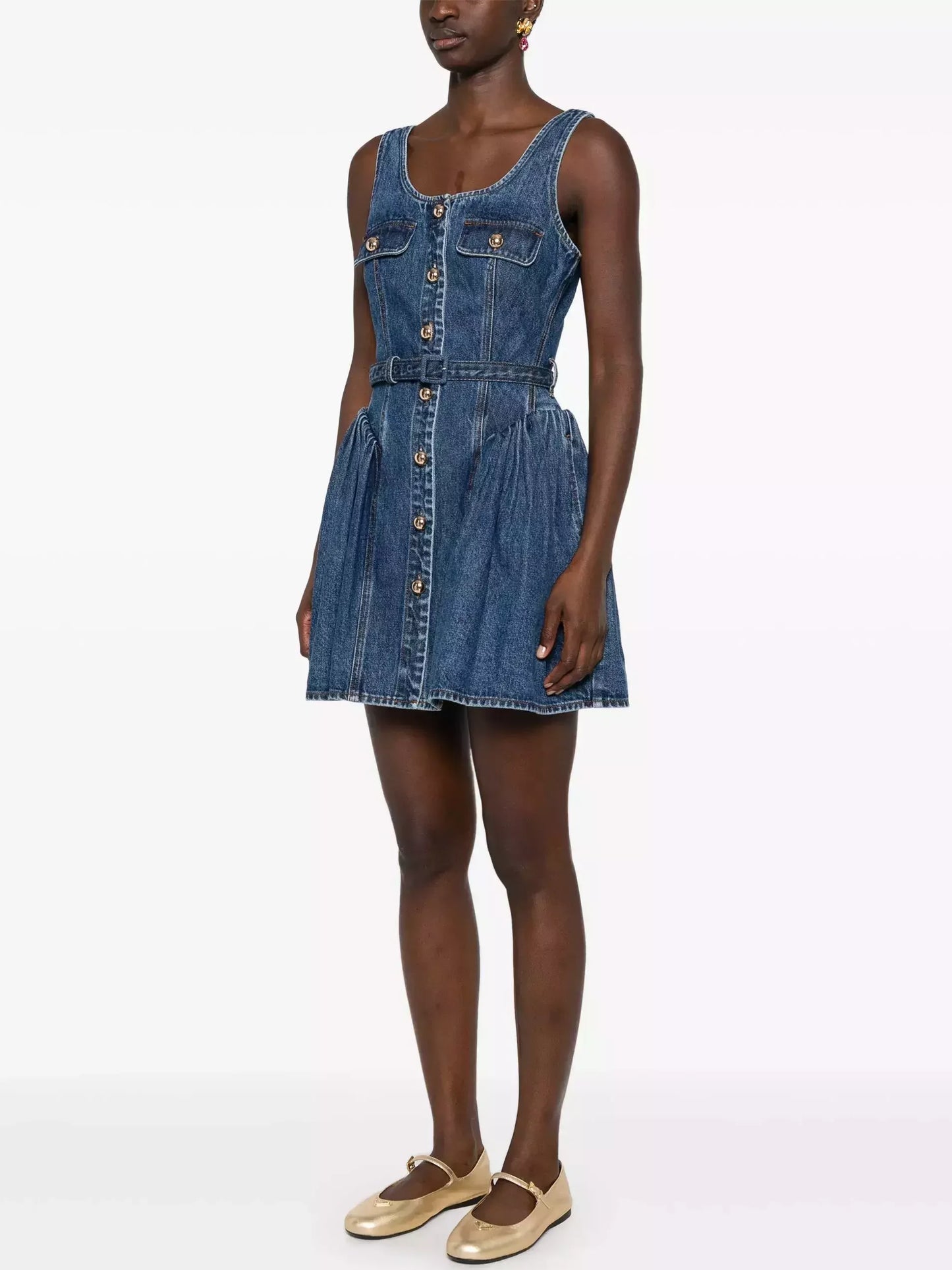 Belted Flared Denim Mini Dress - Dresses