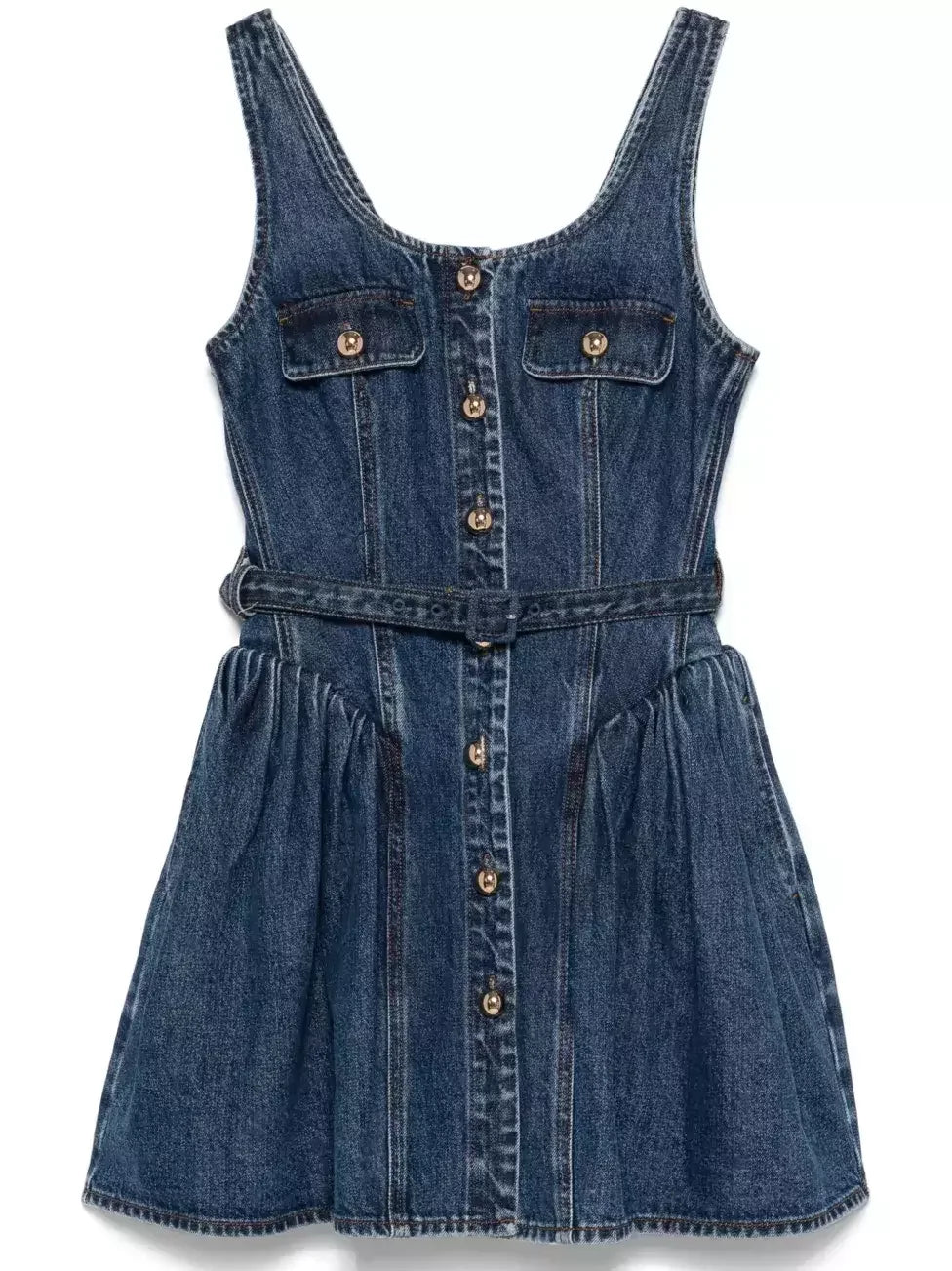 Belted Flared Denim Mini Dress - Dresses