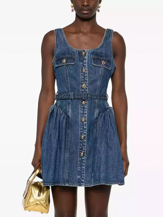 Belted Flared Denim Mini Dress - Medium - Dresses