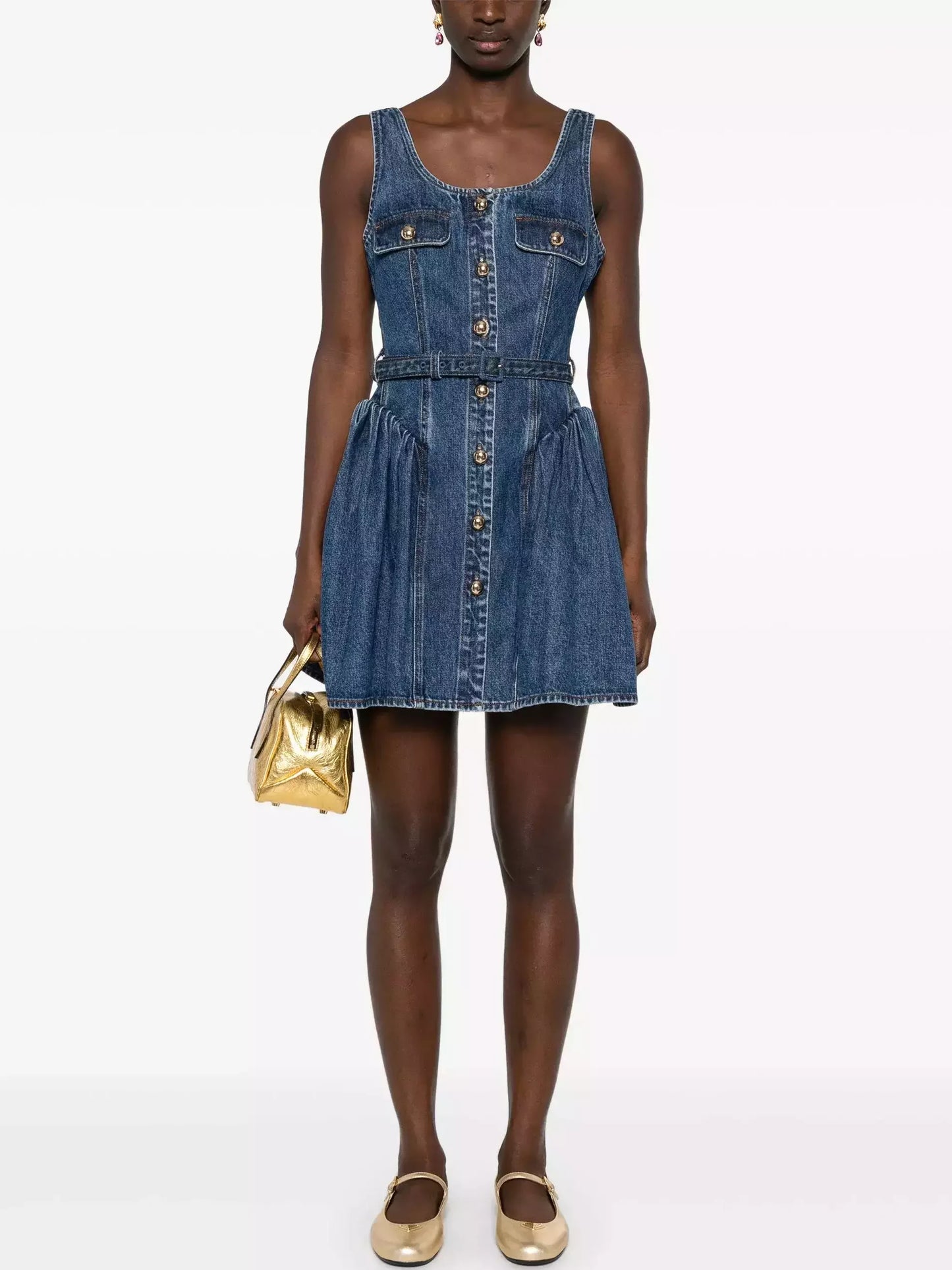 Belted Flared Denim Mini Dress - Small - Dresses