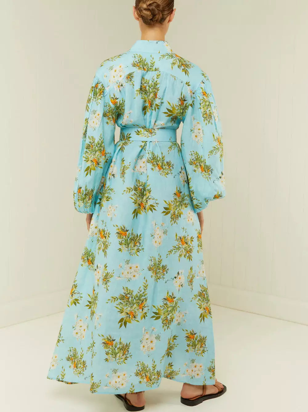 Light blue belted floral and berry printed linen dress for summer style