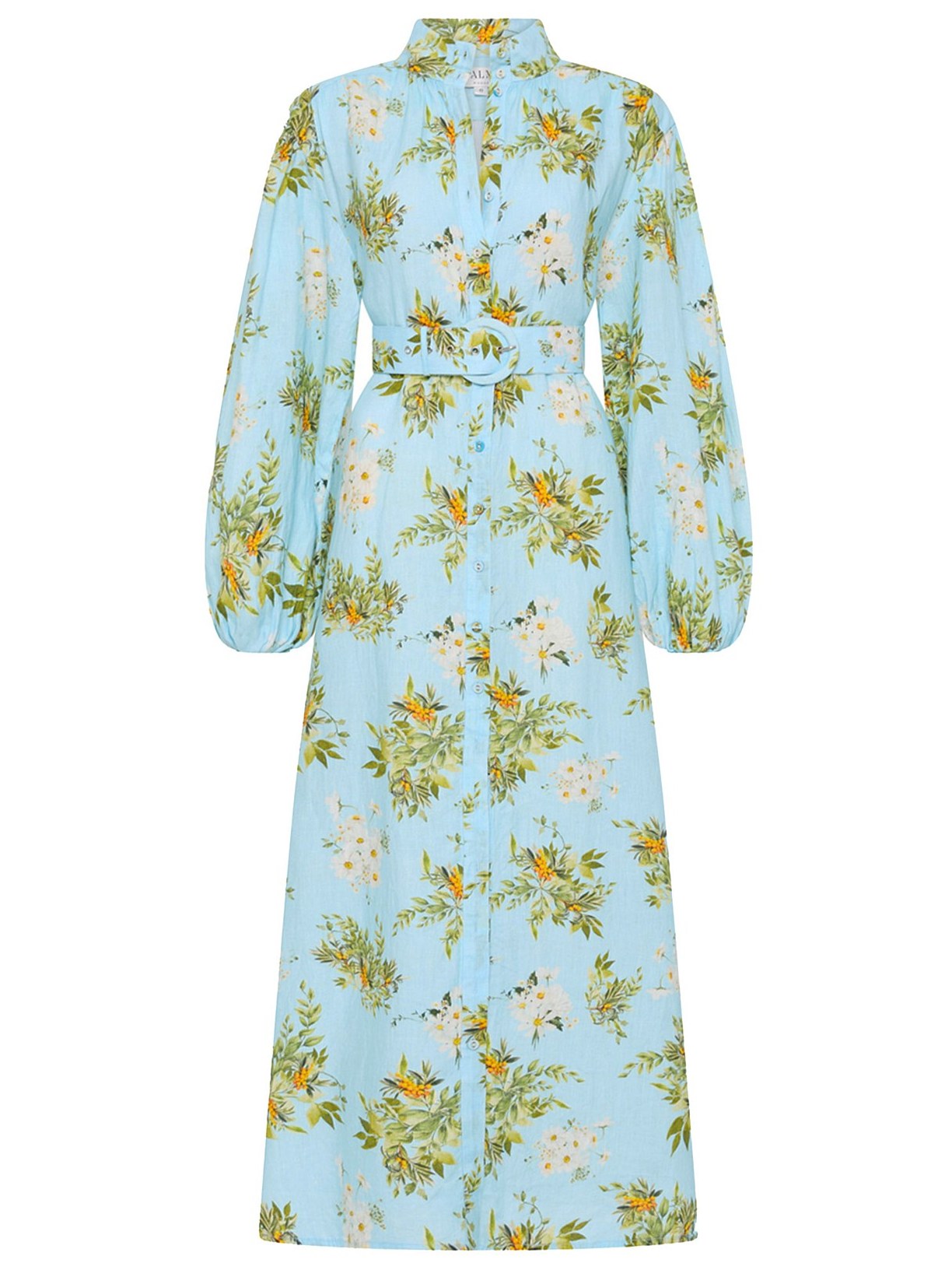 Belted Floral and Berry Printed Linen Dress in Light Blue with vibrant floral pattern