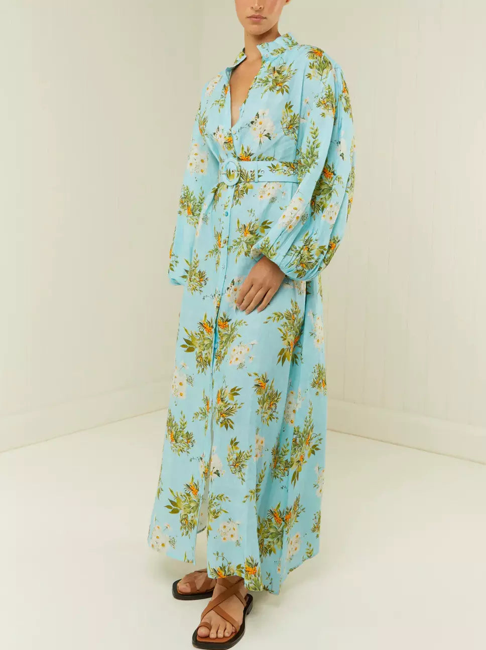 Belted Floral and Berry Printed Linen Dress in Light Blue with floral patterns
