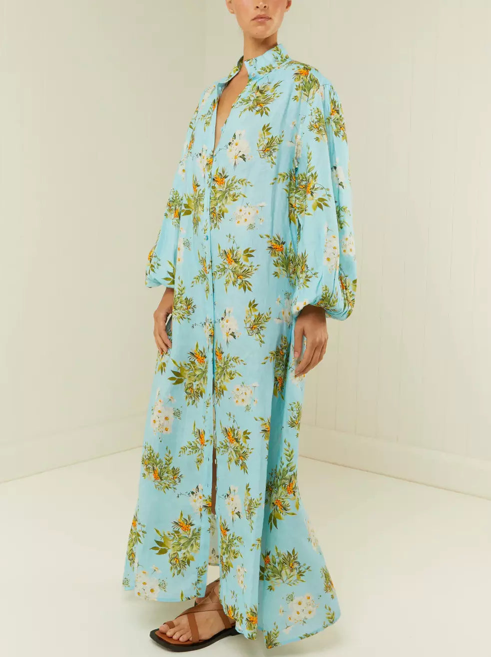Belted Floral and Berry Printed Linen Dress in Light Blue with vibrant floral patterns