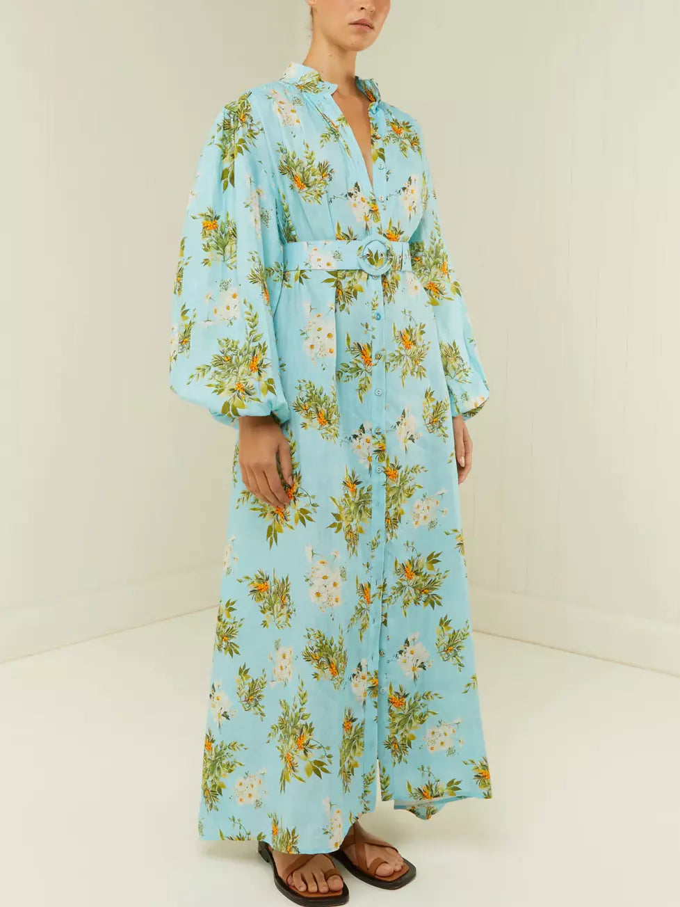 Belted Floral and Berry Printed Linen Dress in Light Blue with floral patterns
