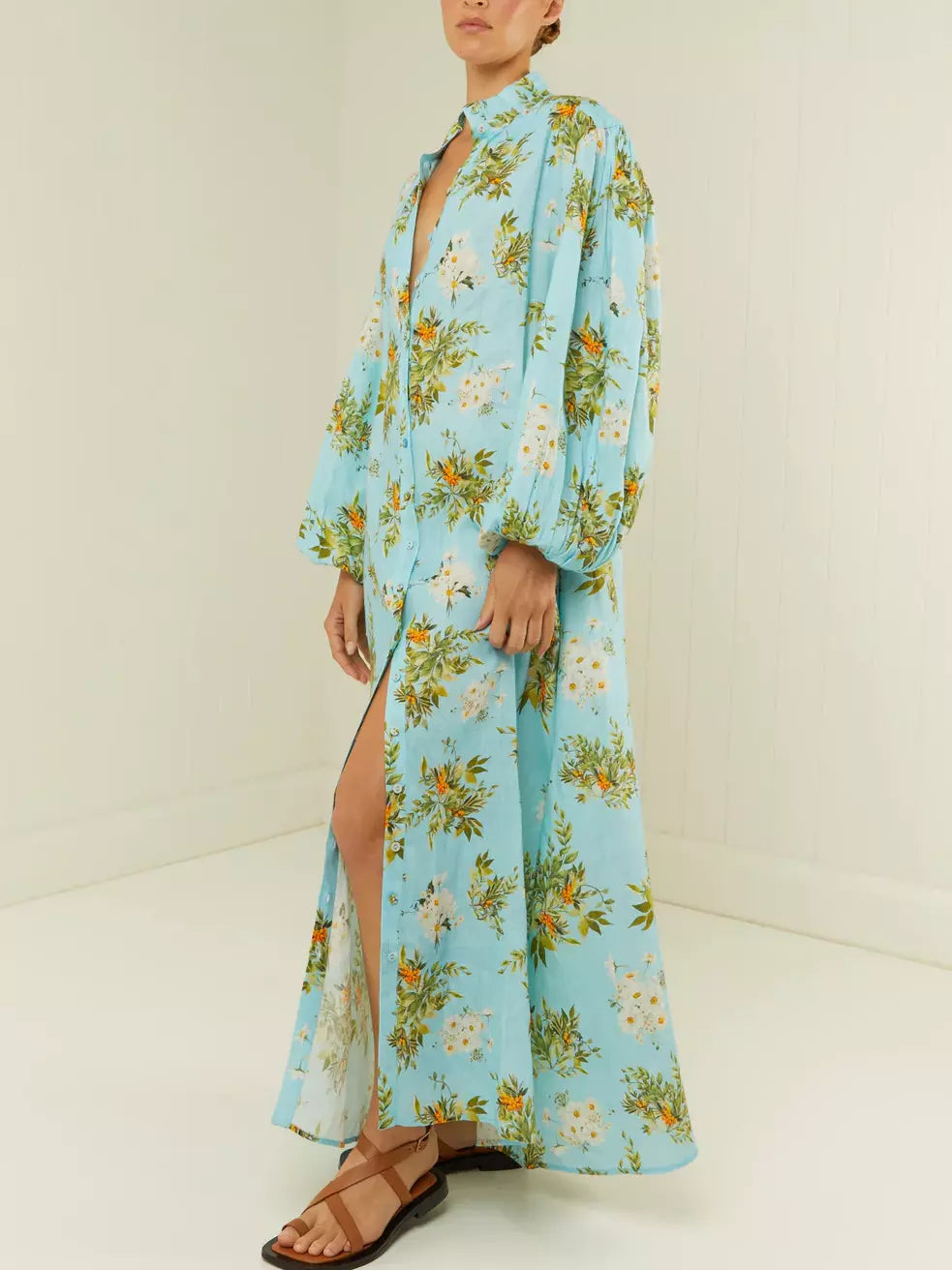 Belted Floral and Berry Printed Linen Dress in Light Blue with vibrant floral design