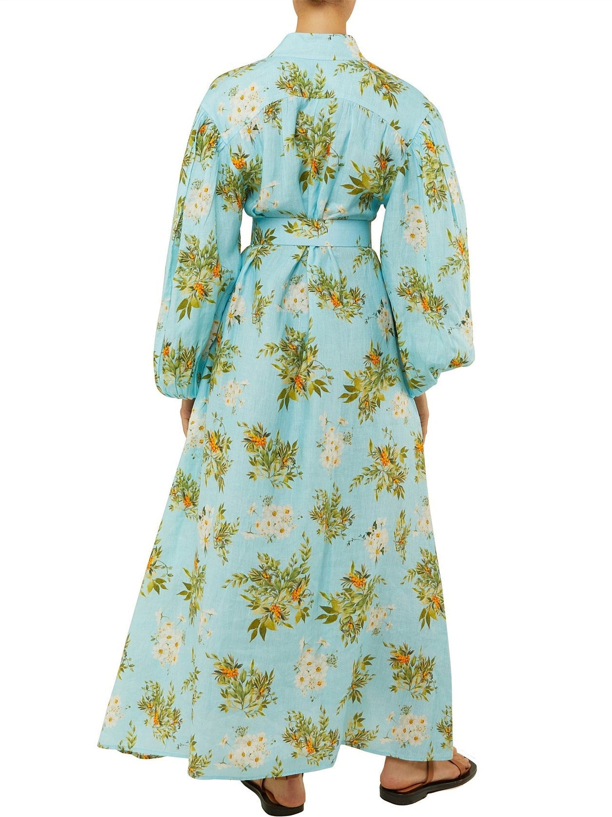 Belted Floral and Berry Printed Linen Dress in Light Blue with vibrant floral pattern