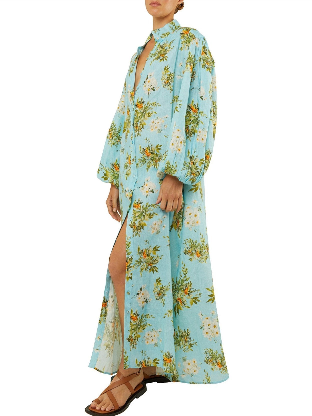 Belted Floral and Berry Printed Linen Dress in Light Blue displayed on a model