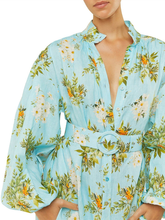 Belted Floral and Berry Printed Linen Dress in Light Blue with vibrant floral patterns