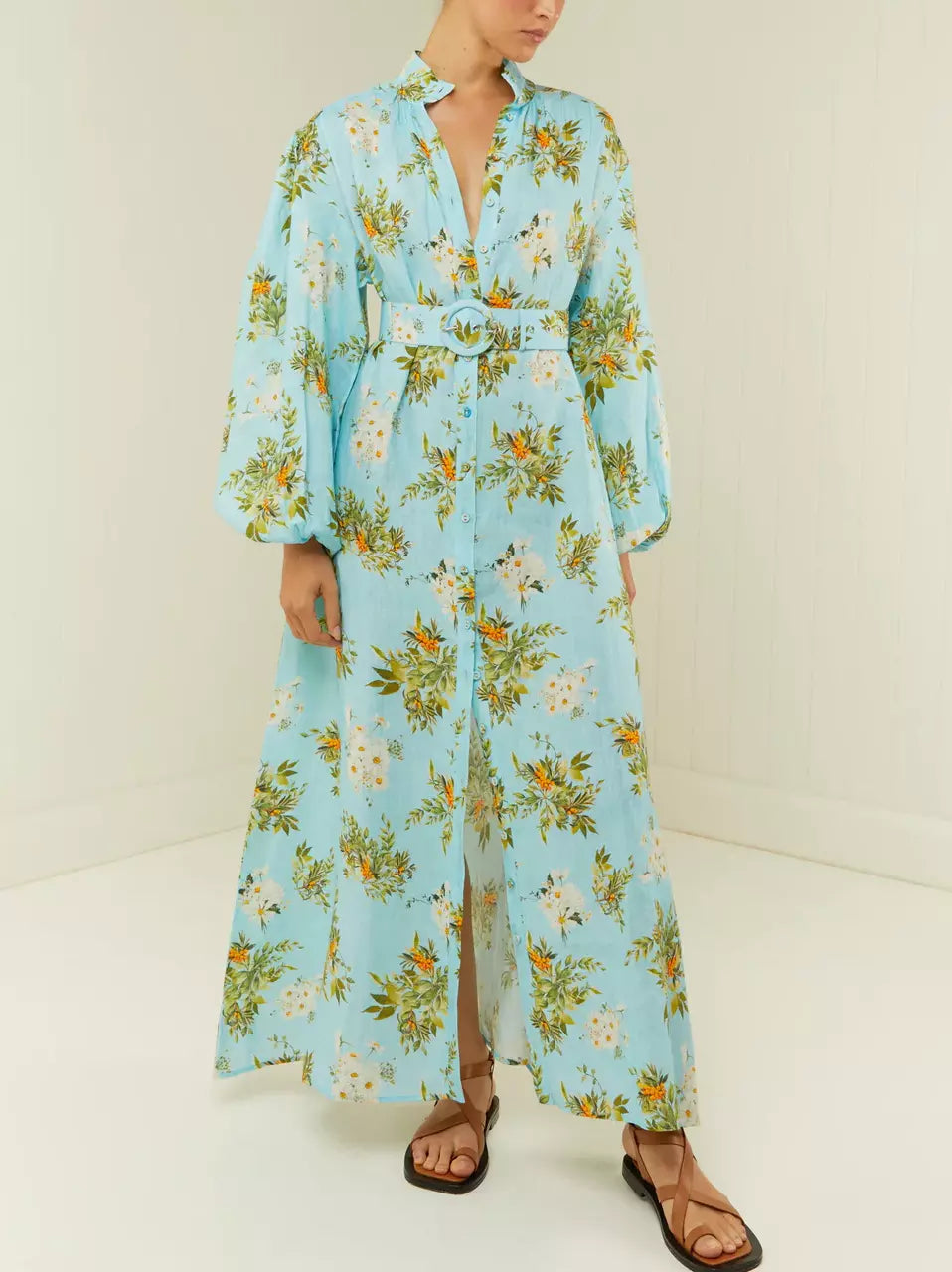 Light blue belted floral and berry printed linen dress showcasing chic summer style