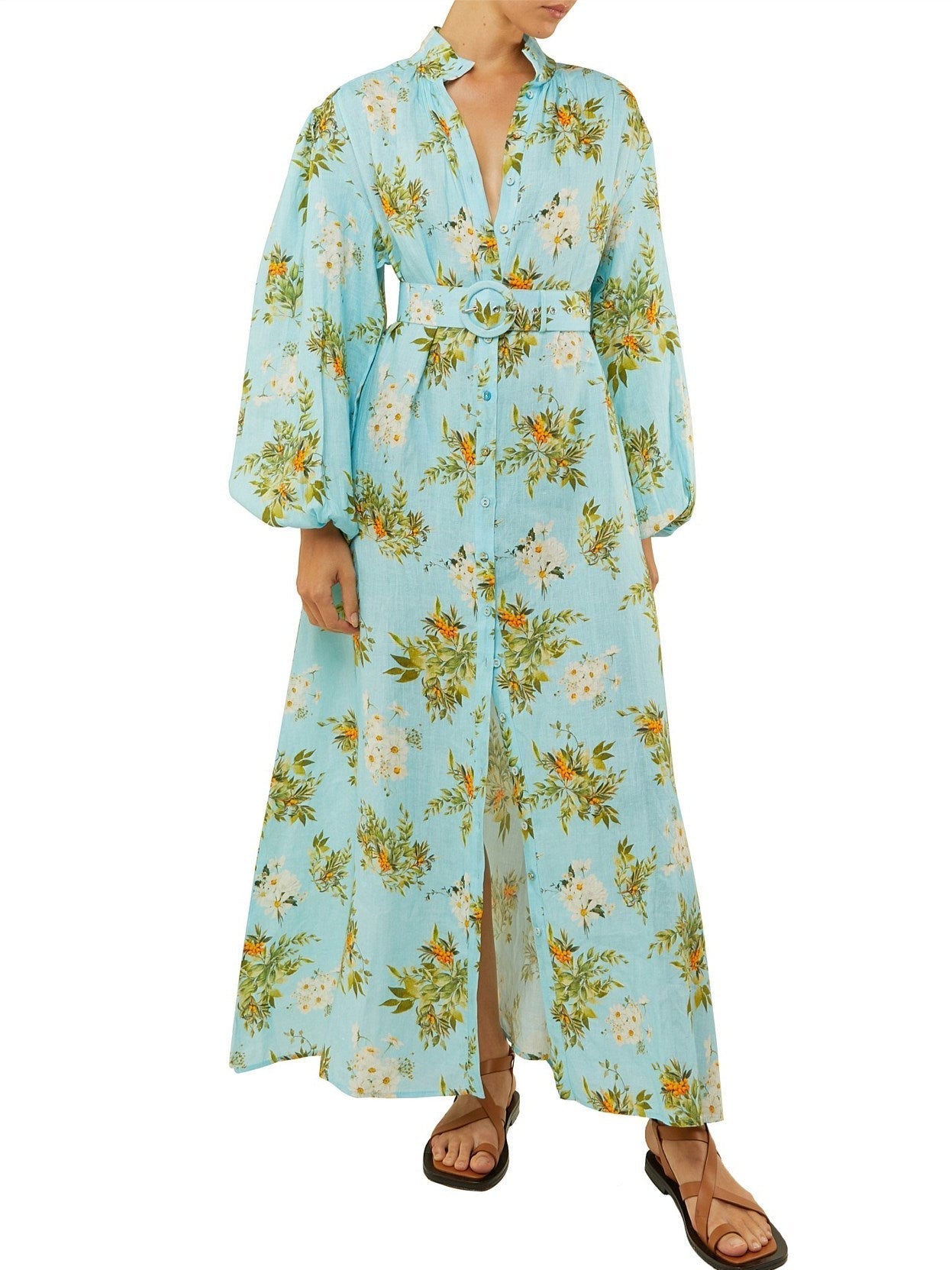 Belted Floral and Berry Printed Linen Dress in Light Blue with vibrant floral patterns