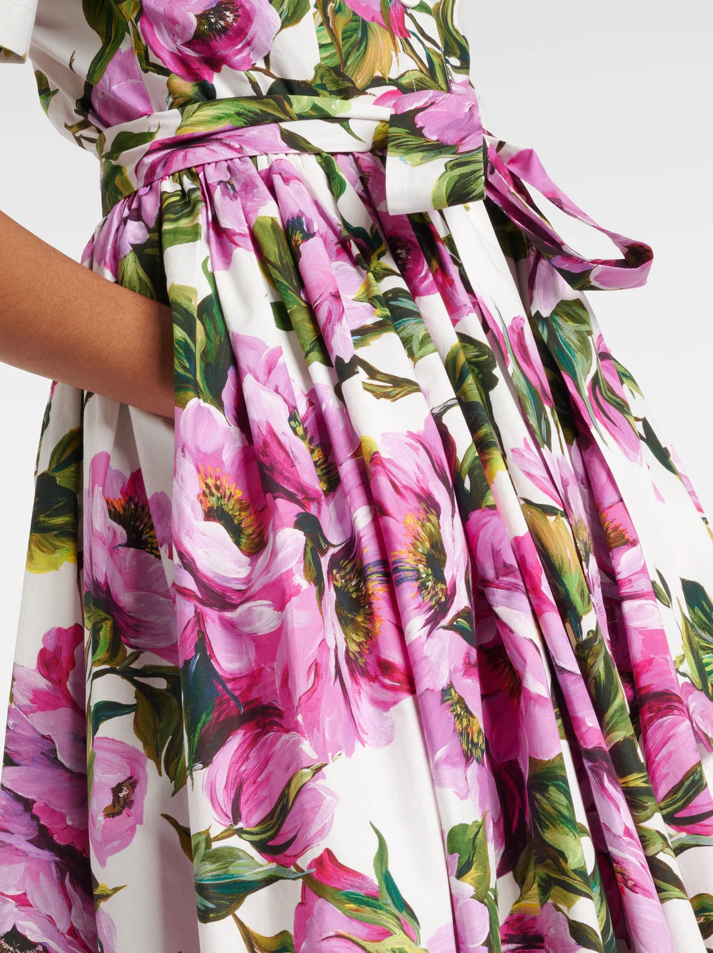 Belted Floral Peony Print Cotton Dress - Dresses