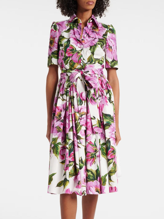 Belted Floral Peony Print Cotton Dress - Dresses
