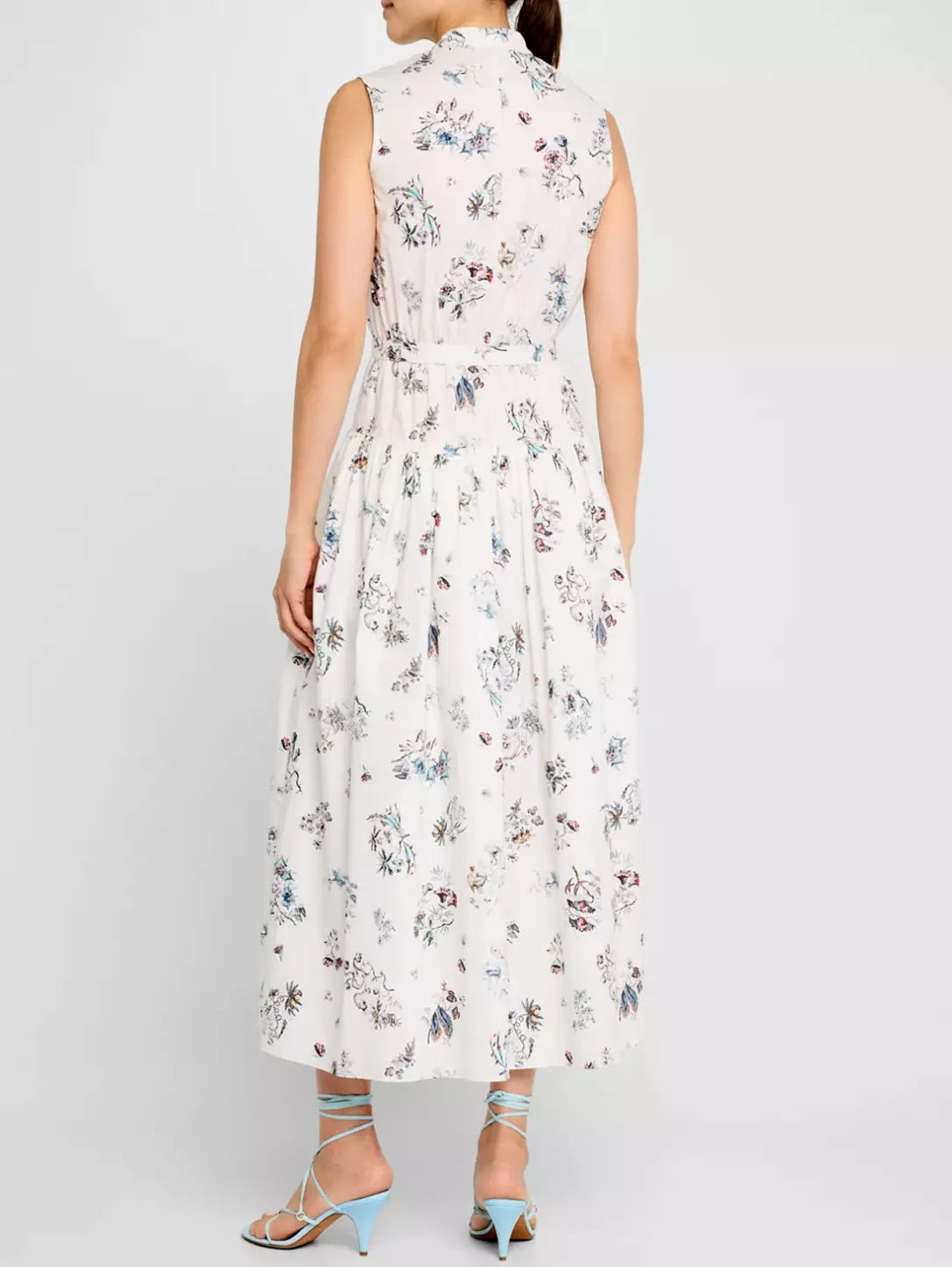 Belted Floral-Print Cotton Sleeveless Midi Shirt Dress in white floral pattern