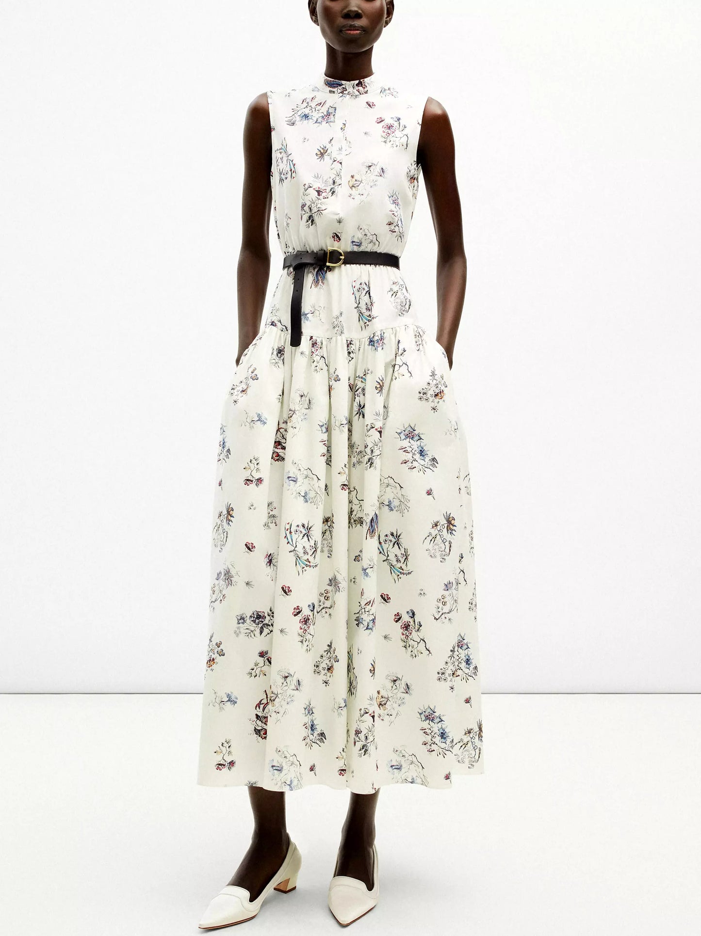 Belted Floral-Print Cotton Sleeveless Midi Shirt Dress in vibrant floral design