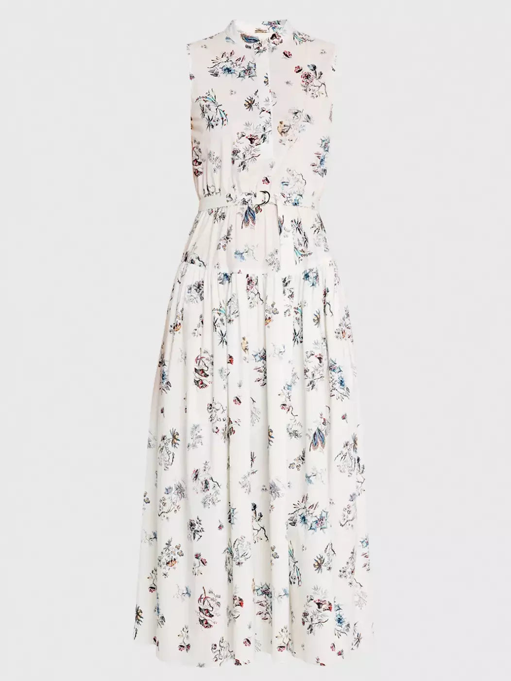 Belted Floral-Print Cotton Sleeveless Midi Shirt Dress with vibrant floral patterns